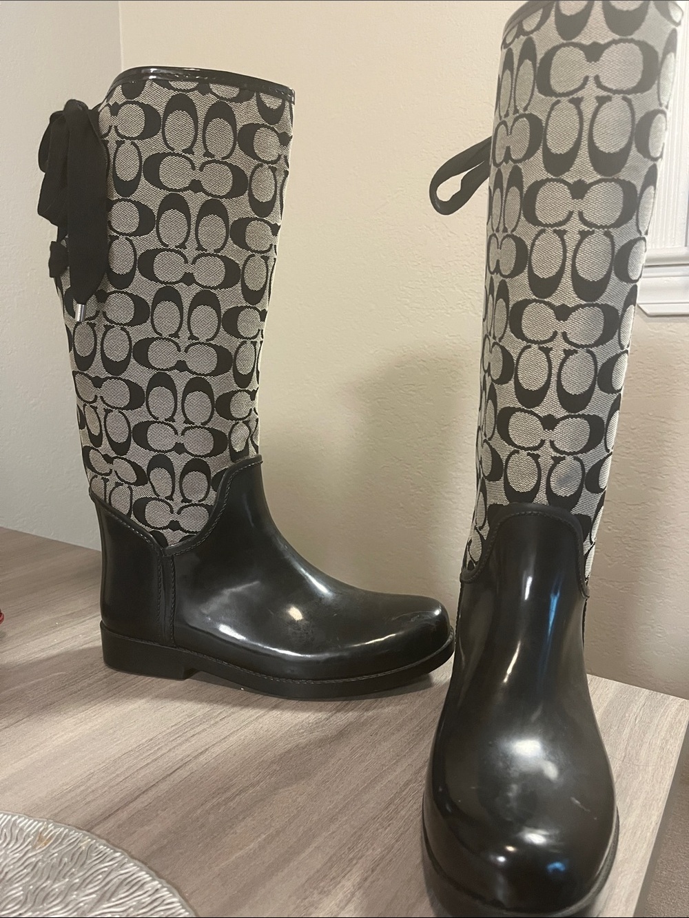 Coach Black and Gray Signature Over-the-Knee Rain Boots with Bow